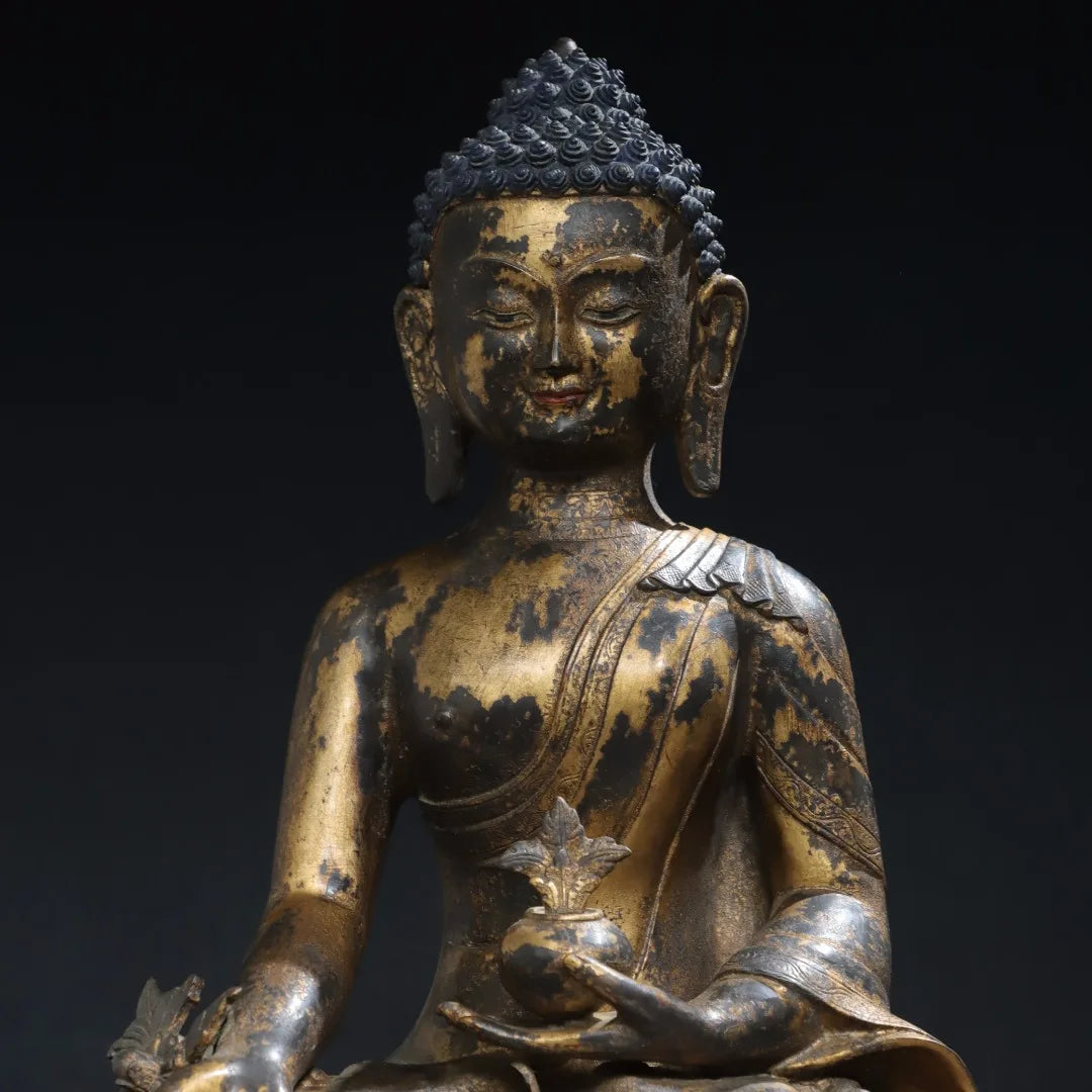 17"Tibet Temple Collection Old Bronze Gilded Cinnabar Mud gold Medicine Buddha Amitabha Sitting Buddha Bhaisajyaguru Town house