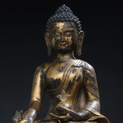 17"Tibet Temple Collection Old Bronze Gilded Cinnabar Mud gold Medicine Buddha Amitabha Sitting Buddha Bhaisajyaguru Town house
