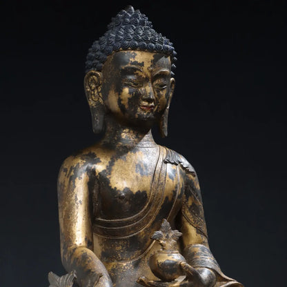17"Tibet Temple Collection Old Bronze Gilded Cinnabar Mud gold Medicine Buddha Amitabha Sitting Buddha Bhaisajyaguru Town house