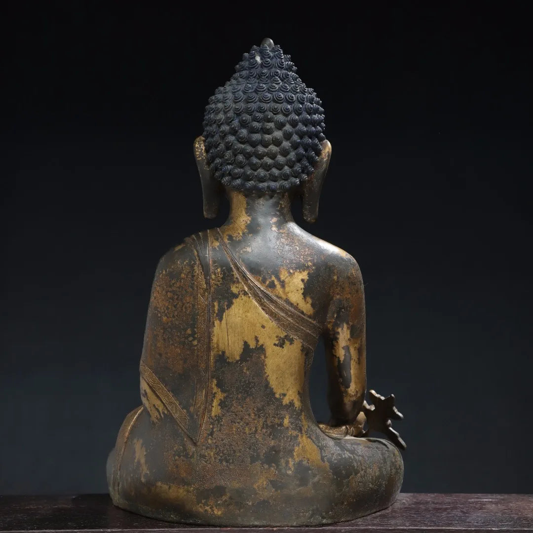 17"Tibet Temple Collection Old Bronze Gilded Cinnabar Mud gold Medicine Buddha Amitabha Sitting Buddha Bhaisajyaguru Town house