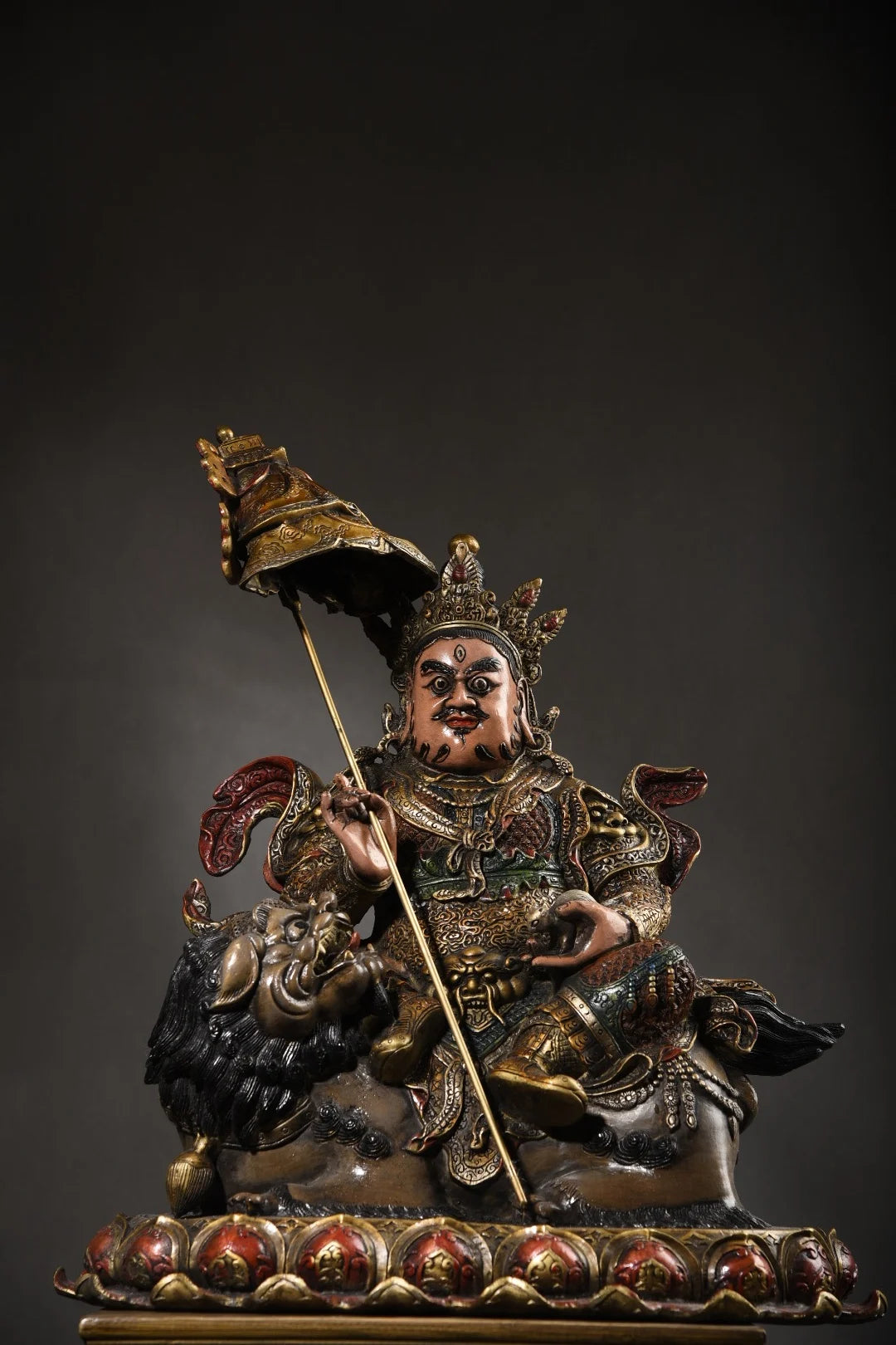 17"Tibet Temple Collection Old Bronze Gilding Painted Vaisravana Buddha Treasure king Lotus Platform Worship Hall Town house