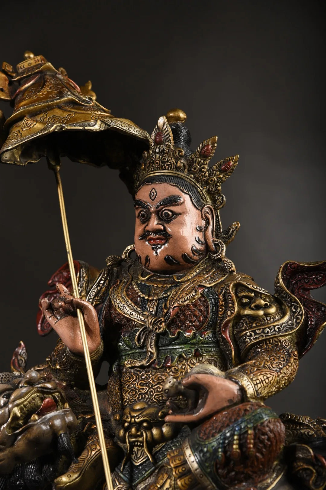 17"Tibet Temple Collection Old Bronze Gilding Painted Vaisravana Buddha Treasure king Lotus Platform Worship Hall Town house