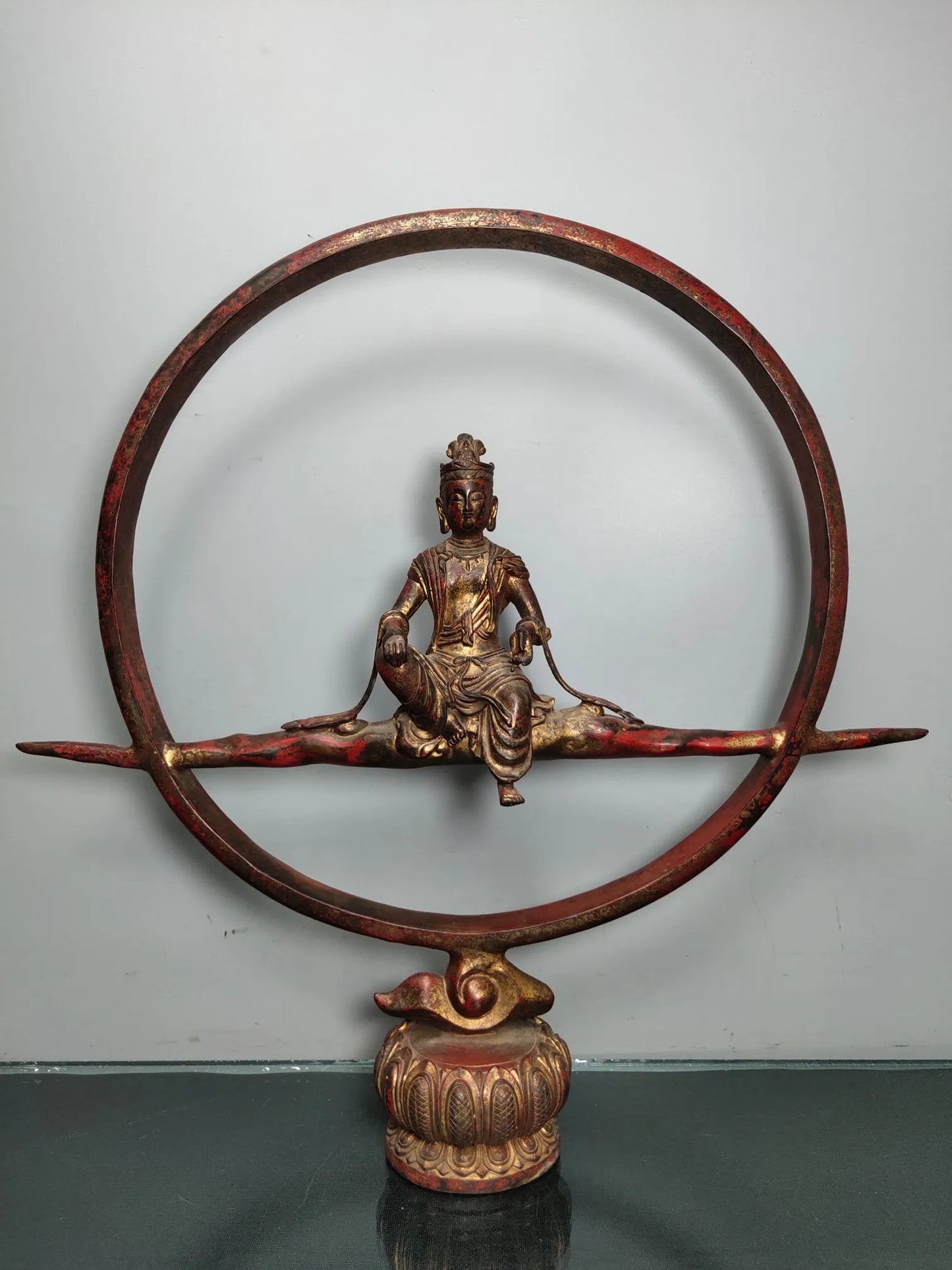 17"Tibet Temple Collection Old Bronze Lacquer Cinnabar Northern Wei Buddha Free Avalokitesvara Back light Sitting Buddha