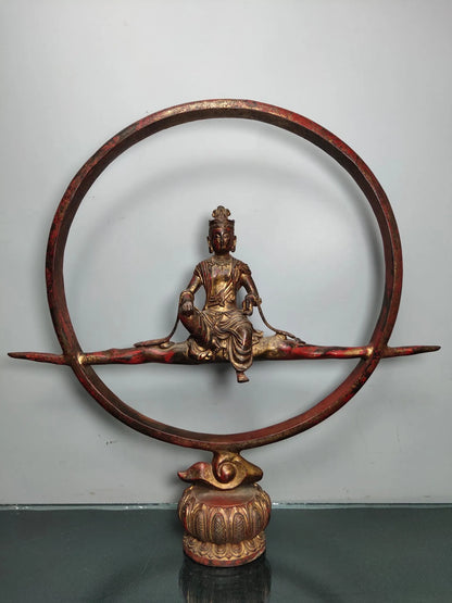17"Tibet Temple Collection Old Bronze Lacquer Cinnabar Northern Wei Buddha Free Avalokitesvara Back light Sitting Buddha
