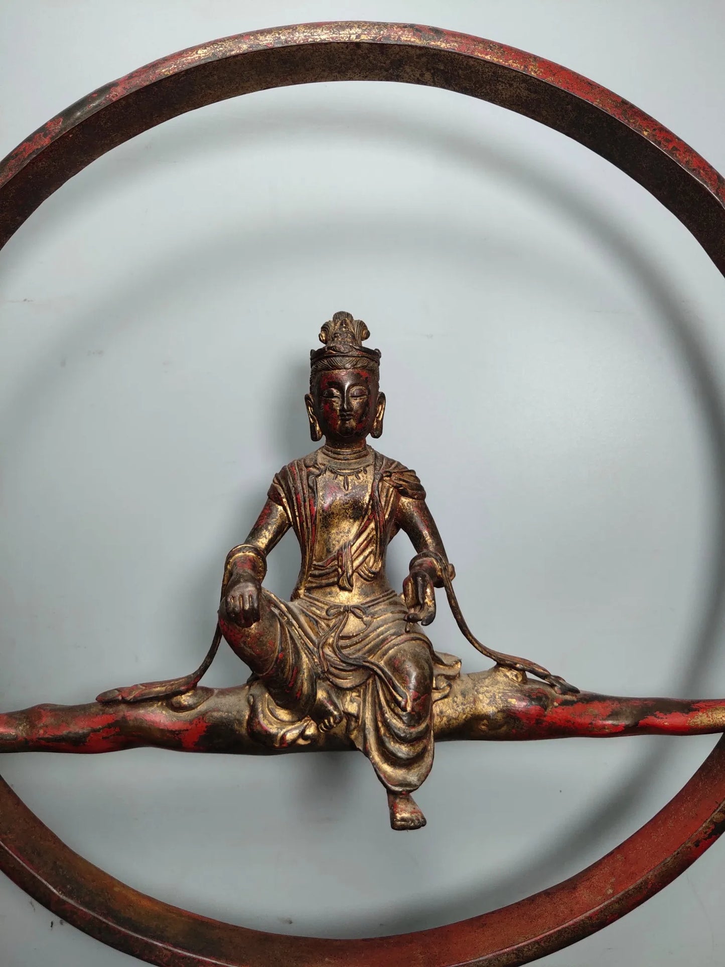 17"Tibet Temple Collection Old Bronze Lacquer Cinnabar Northern Wei Buddha Free Avalokitesvara Back light Sitting Buddha