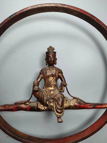 17"Tibet Temple Collection Old Bronze Lacquer Cinnabar Northern Wei Buddha Free Avalokitesvara Back light Sitting Buddha