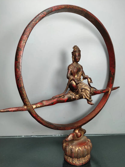 17"Tibet Temple Collection Old Bronze Lacquer Cinnabar Northern Wei Buddha Free Avalokitesvara Back light Sitting Buddha