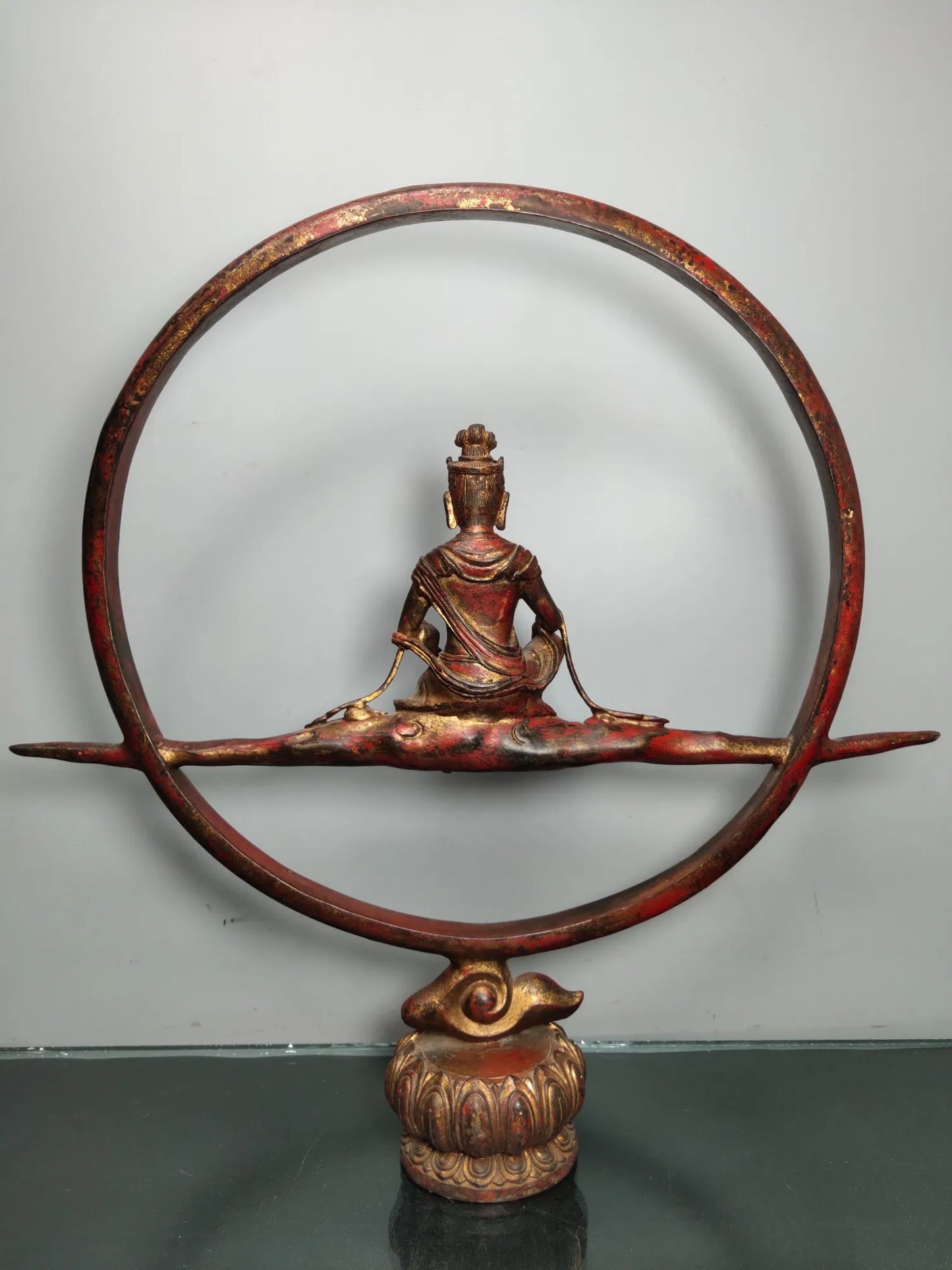 17"Tibet Temple Collection Old Bronze Lacquer Cinnabar Northern Wei Buddha Free Avalokitesvara Back light Sitting Buddha