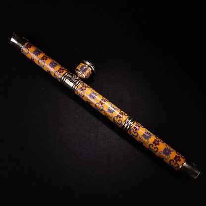 17"Tibetan Temple Collection Bronze Cloisonne Enamel mosaic gem eye bag tube smoking tool office ornament Town house Exorcism
