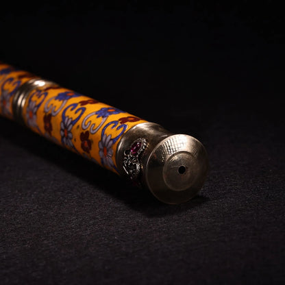17"Tibetan Temple Collection Bronze Cloisonne Enamel mosaic gem eye bag tube smoking tool office ornament Town house Exorcism