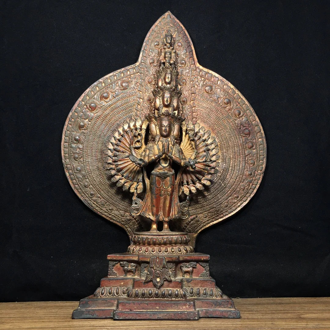 17"Tibetan Temple Collection Old Bronze Cinnabar Mud gold 1000 arms Guanyin Buddha Backlight AvalokitesvaraWorship Hall