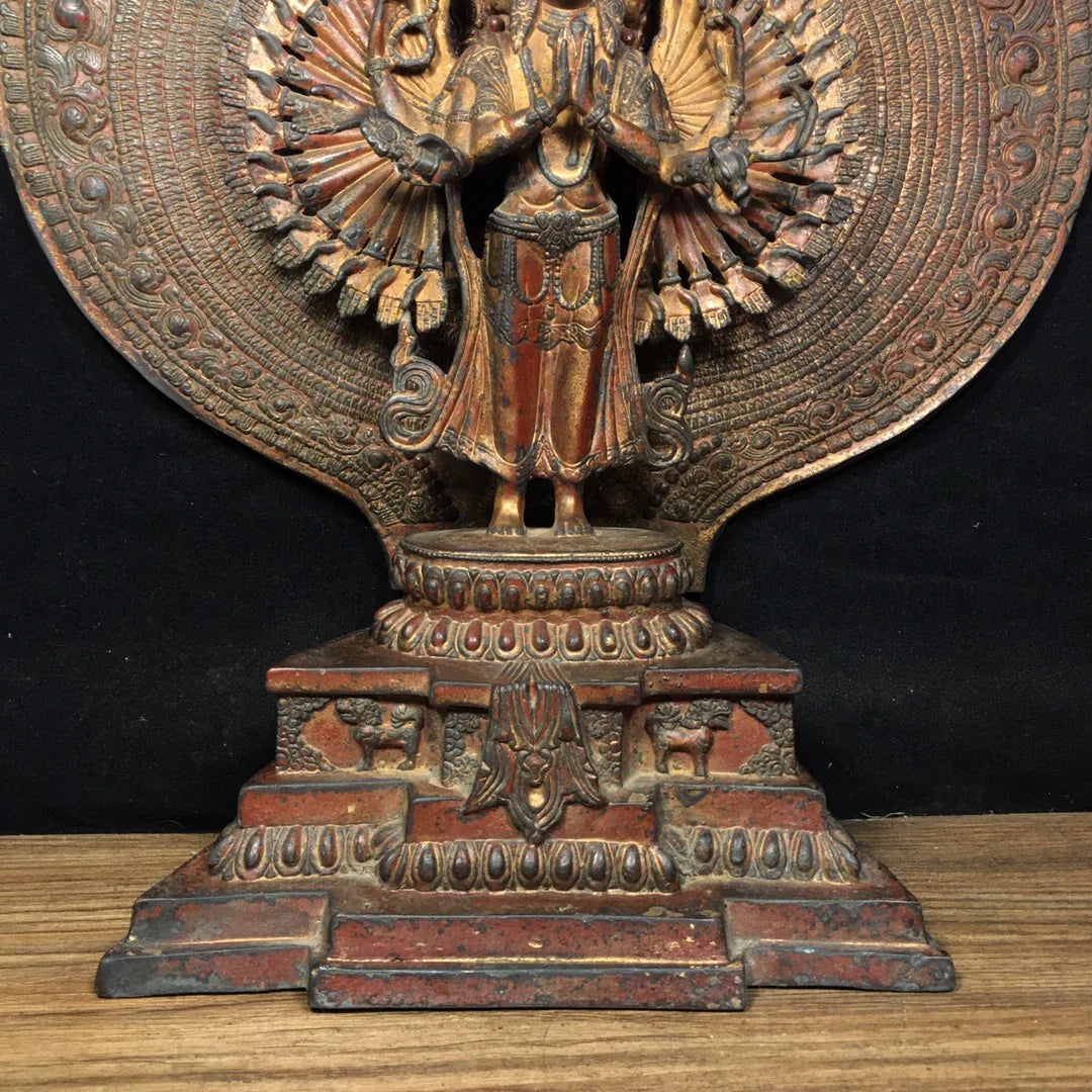 17"Tibetan Temple Collection Old Bronze Cinnabar Mud gold 1000 arms Guanyin Buddha Backlight AvalokitesvaraWorship Hall