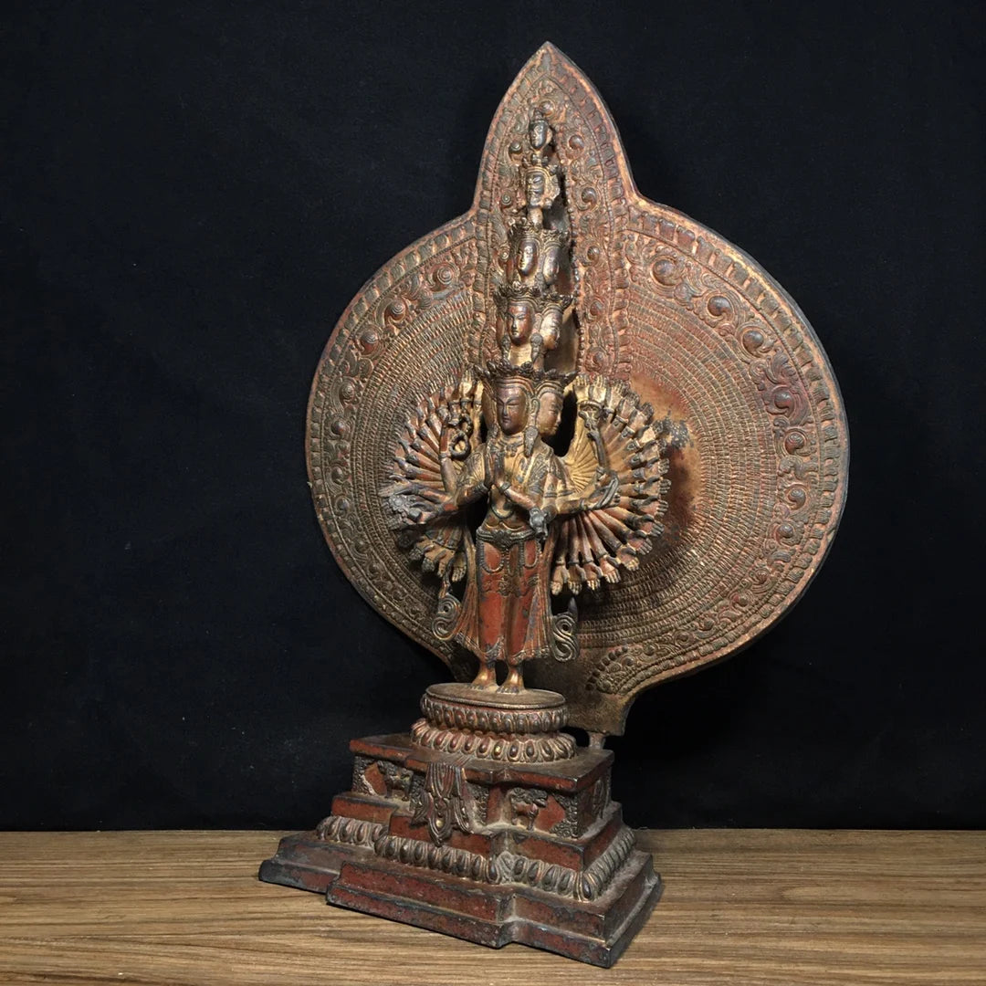 17"Tibetan Temple Collection Old Bronze Cinnabar Mud gold 1000 arms Guanyin Buddha Backlight AvalokitesvaraWorship Hall
