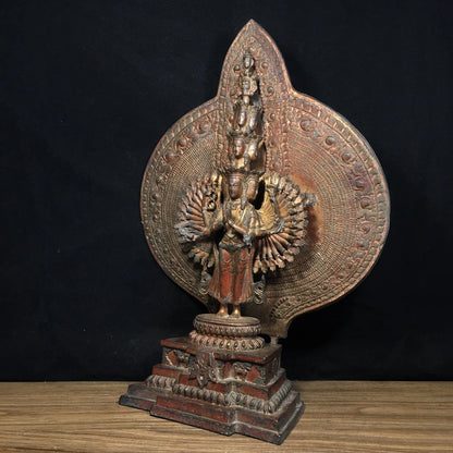 17"Tibetan Temple Collection Old Bronze Cinnabar Mud gold 1000 arms Guanyin Buddha Backlight AvalokitesvaraWorship Hall
