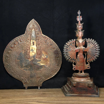 17"Tibetan Temple Collection Old Bronze Cinnabar Mud gold 1000 arms Guanyin Buddha Backlight AvalokitesvaraWorship Hall