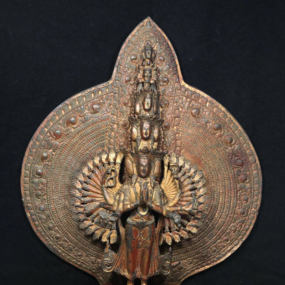 17"Tibetan Temple Collection Old Bronze Cinnabar Mud gold 1000 arms Guanyin Buddha Backlight AvalokitesvaraWorship Hall