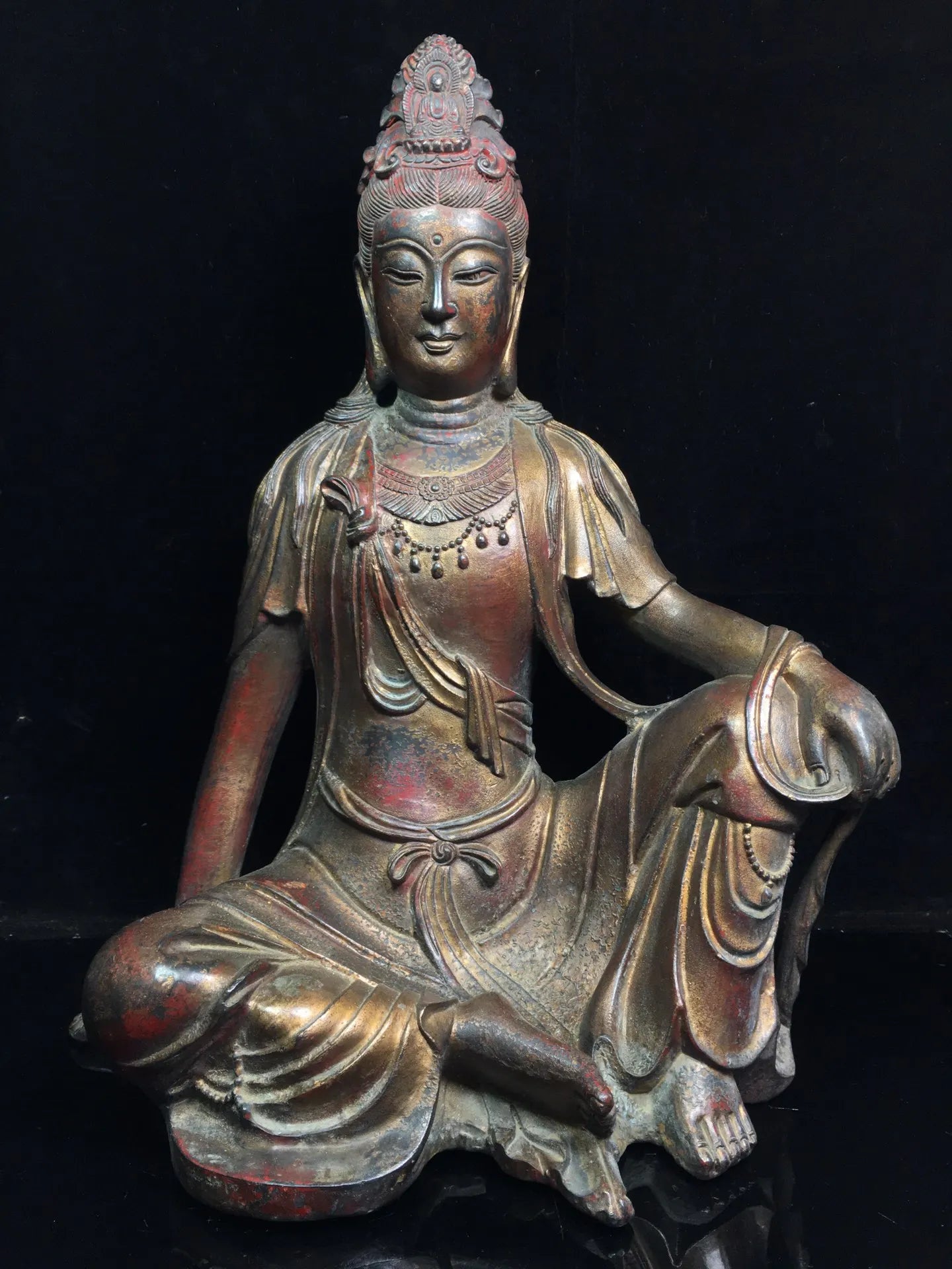 17"Tibetan Temple Collection Old Bronze Cinnabar Mud gold Avalokitesvara Bodhisattva worship buddha Town house Exorcism