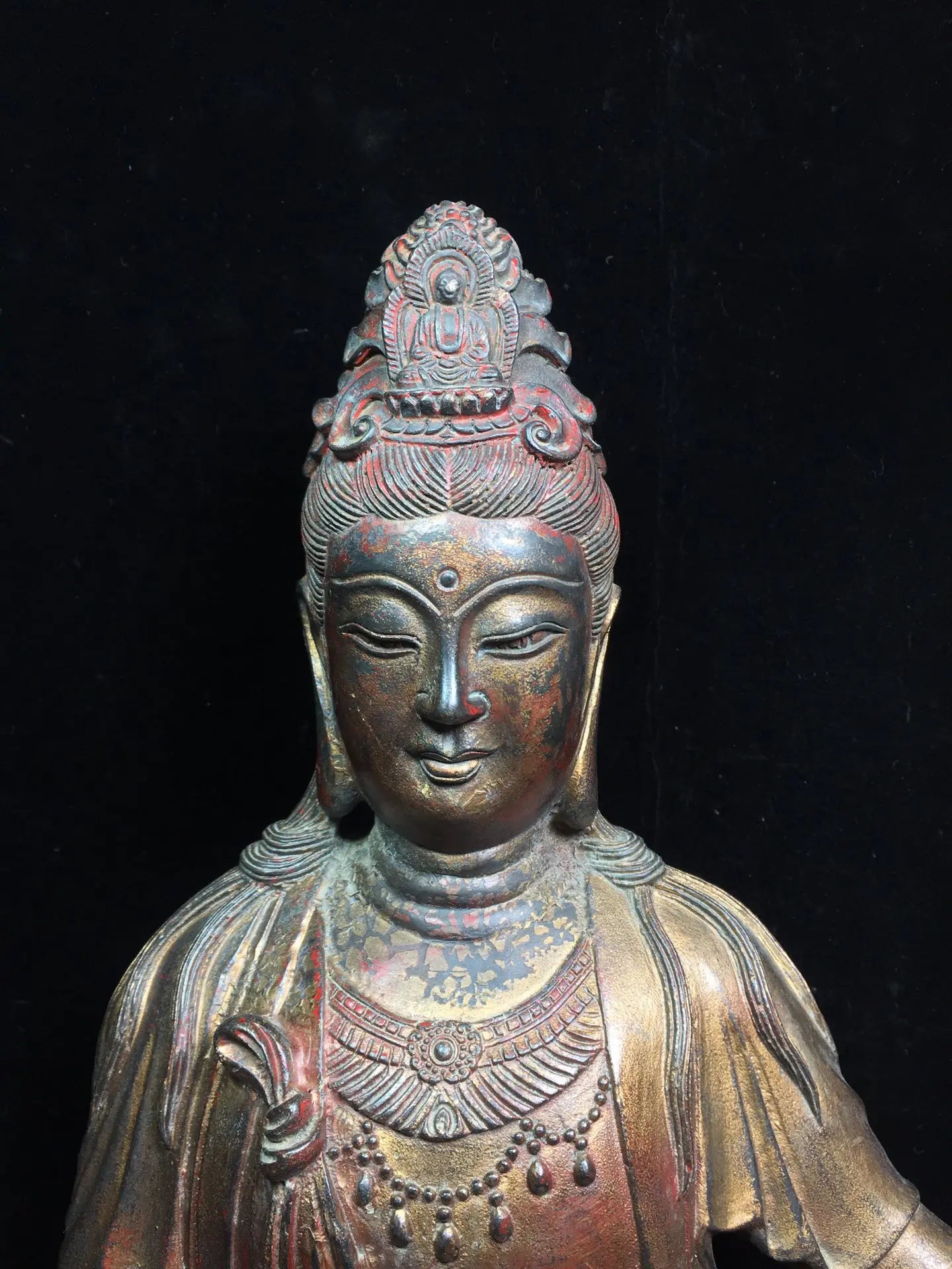 17"Tibetan Temple Collection Old Bronze Cinnabar Mud gold Avalokitesvara Bodhisattva worship buddha Town house Exorcism