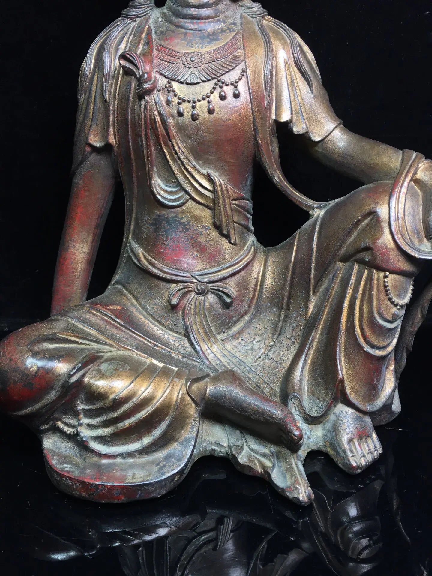 17"Tibetan Temple Collection Old Bronze Cinnabar Mud gold Avalokitesvara Bodhisattva worship buddha Town house Exorcism