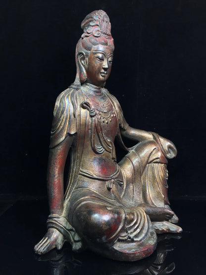 17"Tibetan Temple Collection Old Bronze Cinnabar Mud gold Avalokitesvara Bodhisattva worship buddha Town house Exorcism