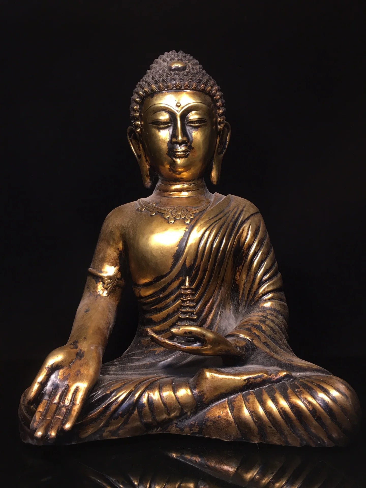 17"Tibetan Temple Collection Old Bronze Cinnabar Mud gold Pagoda Sakyamuni Amitabha Sitting Buddha Worship Hall Town house