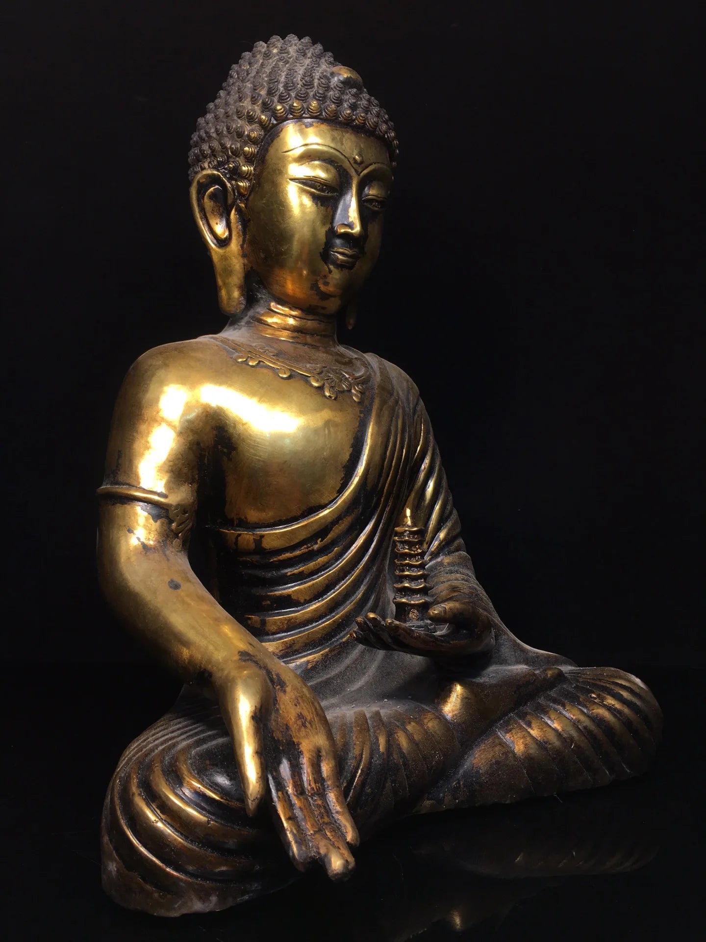17"Tibetan Temple Collection Old Bronze Cinnabar Mud gold Pagoda Sakyamuni Amitabha Sitting Buddha Worship Hall Town house