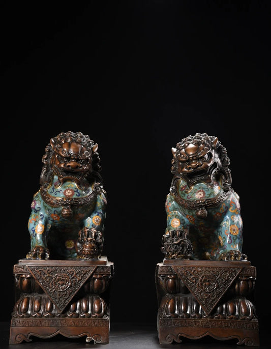 17"Tibetan Temple Collection Old Bronze Cloisonne Enamel Flower Texture Lion Statue Door God Lion Amass wealth Ornaments