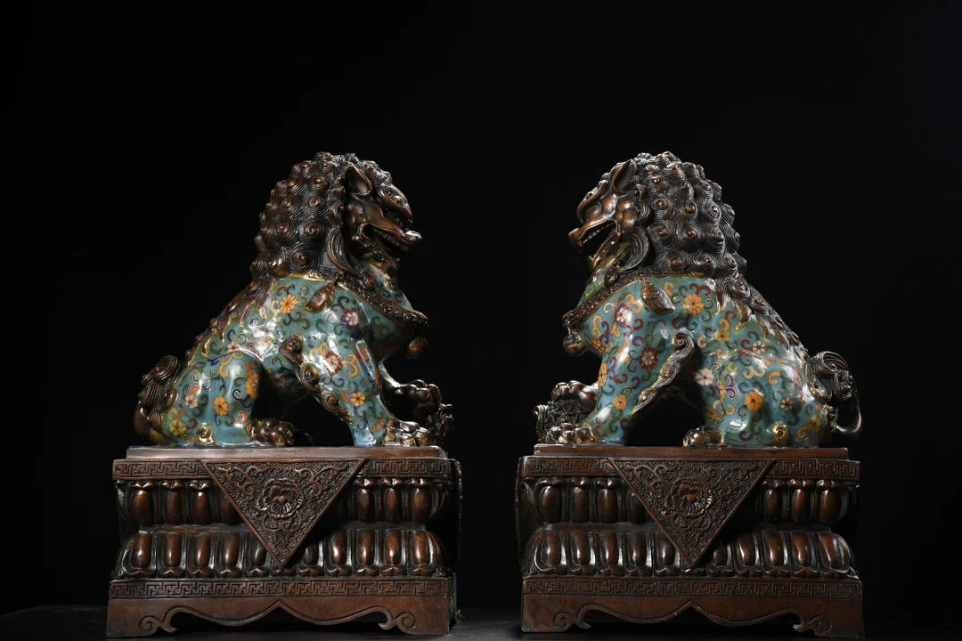 17"Tibetan Temple Collection Old Bronze Cloisonne Enamel Flower Texture Lion Statue Door God Lion Amass wealth Ornaments
