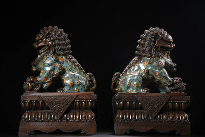 17"Tibetan Temple Collection Old Bronze Cloisonne Enamel Flower Texture Lion Statue Door God Lion Amass wealth Ornaments