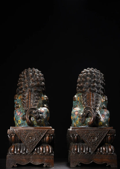 17"Tibetan Temple Collection Old Bronze Cloisonne Enamel Flower Texture Lion Statue Door God Lion Amass wealth Ornaments