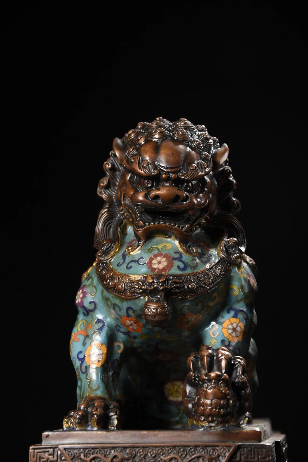 17"Tibetan Temple Collection Old Bronze Cloisonne Enamel Flower Texture Lion Statue Door God Lion Amass wealth Ornaments