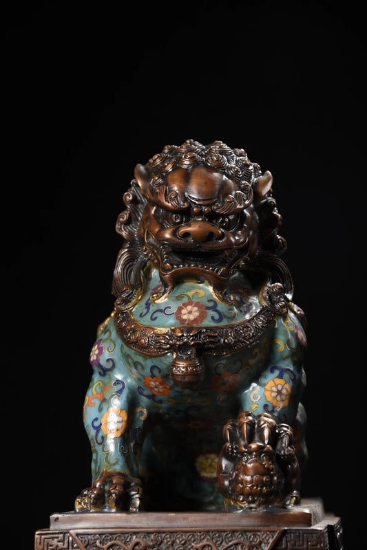 17"Tibetan Temple Collection Old Bronze Cloisonne Enamel Flower Texture Lion Statue Door God Lion Amass wealth Ornaments