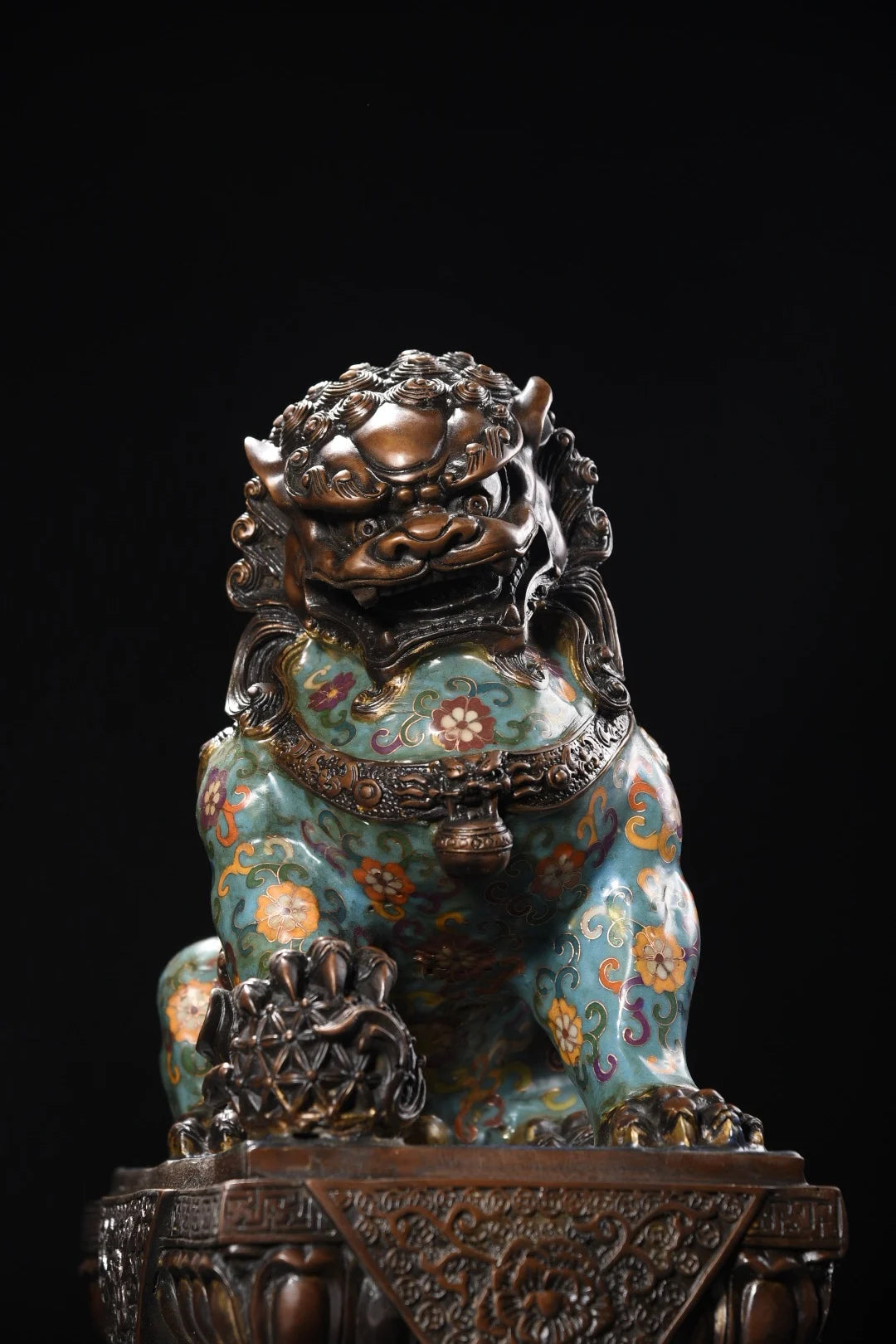 17"Tibetan Temple Collection Old Bronze Cloisonne Enamel Flower Texture Lion Statue Door God Lion Amass wealth Ornaments