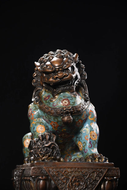 17"Tibetan Temple Collection Old Bronze Cloisonne Enamel Flower Texture Lion Statue Door God Lion Amass wealth Ornaments