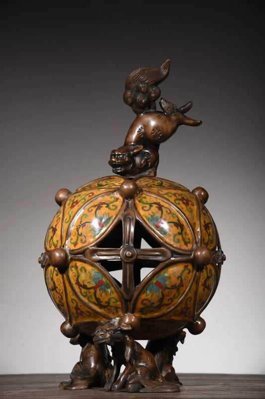 17"Tibetan Temple Collection Old Bronze Cloisonne Enamel Lion Statue Play hydrangea Incense burner Ornaments Town House Exorcism
