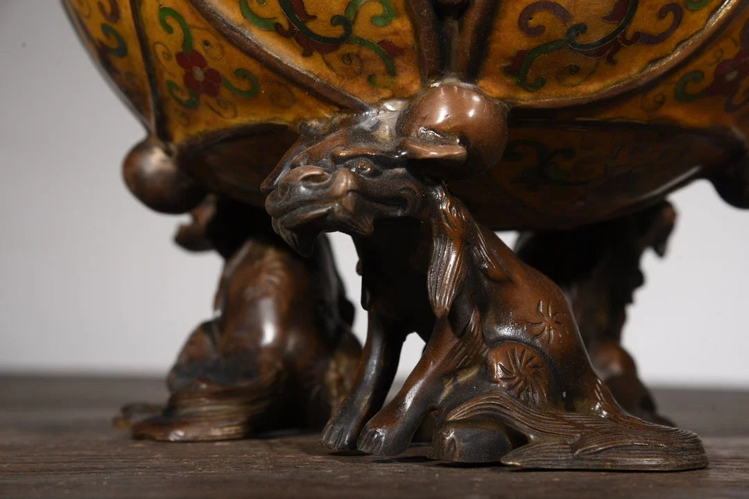 17"Tibetan Temple Collection Old Bronze Cloisonne Enamel Lion Statue Play hydrangea Incense burner Ornaments Town House Exorcism