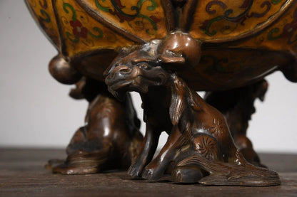 17"Tibetan Temple Collection Old Bronze Cloisonne Enamel Lion Statue Play hydrangea Incense burner Ornaments Town House Exorcism