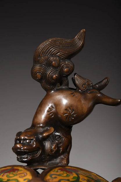 17"Tibetan Temple Collection Old Bronze Cloisonne Enamel Lion Statue Play hydrangea Incense burner Ornaments Town House Exorcism