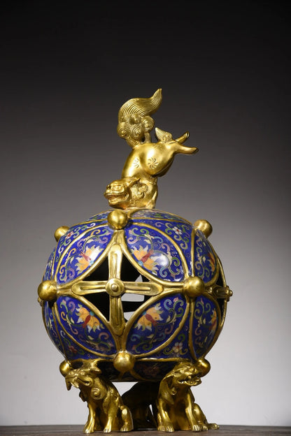 17"Tibetan Temple Collection Old Bronze Cloisonne Gilded Lion Statue playing Rolling hydrangea Incense burner Ornaments