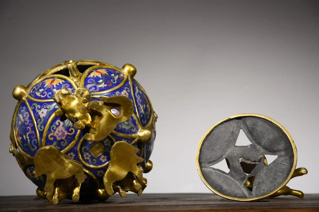 17"Tibetan Temple Collection Old Bronze Cloisonne Gilded Lion Statue playing Rolling hydrangea Incense burner Ornaments