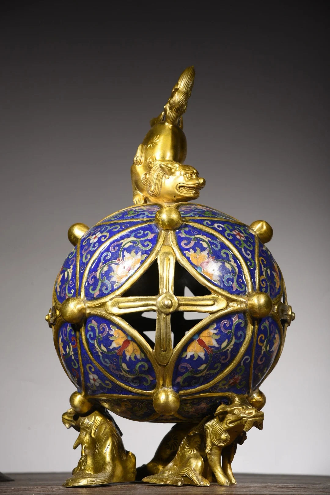 17"Tibetan Temple Collection Old Bronze Cloisonne Gilded Lion Statue playing Rolling hydrangea Incense burner Ornaments