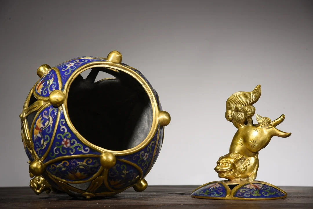 17"Tibetan Temple Collection Old Bronze Cloisonne Gilded Lion Statue playing Rolling hydrangea Incense burner Ornaments