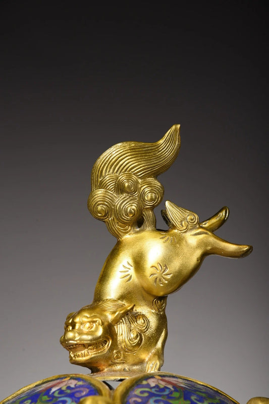 17"Tibetan Temple Collection Old Bronze Cloisonne Gilded Lion Statue playing Rolling hydrangea Incense burner Ornaments