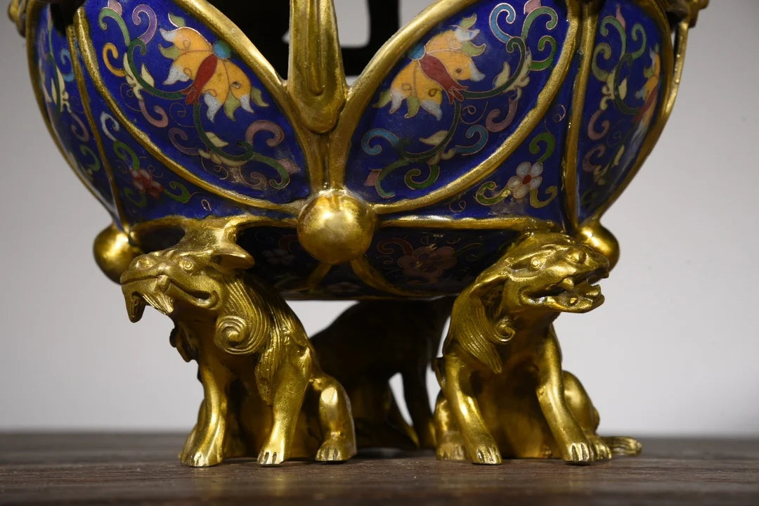 17"Tibetan Temple Collection Old Bronze Cloisonne Gilded Lion Statue playing Rolling hydrangea Incense burner Ornaments