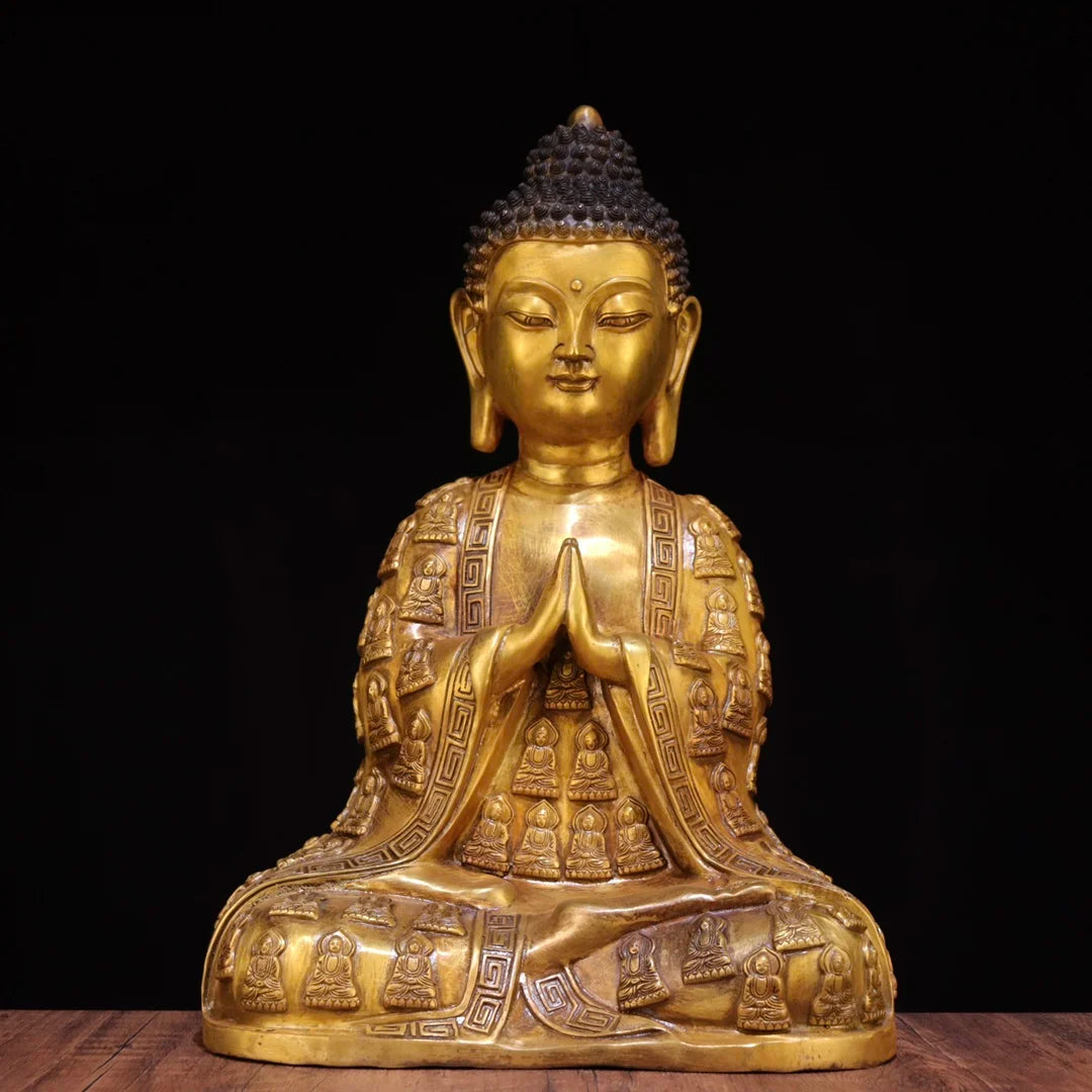 17"Tibetan Temple Collection Old Bronze Gilded Cinnabar Amitabha Buddha Ten Thousand Buddhas Tattood Sitting Buddha Worship Hall