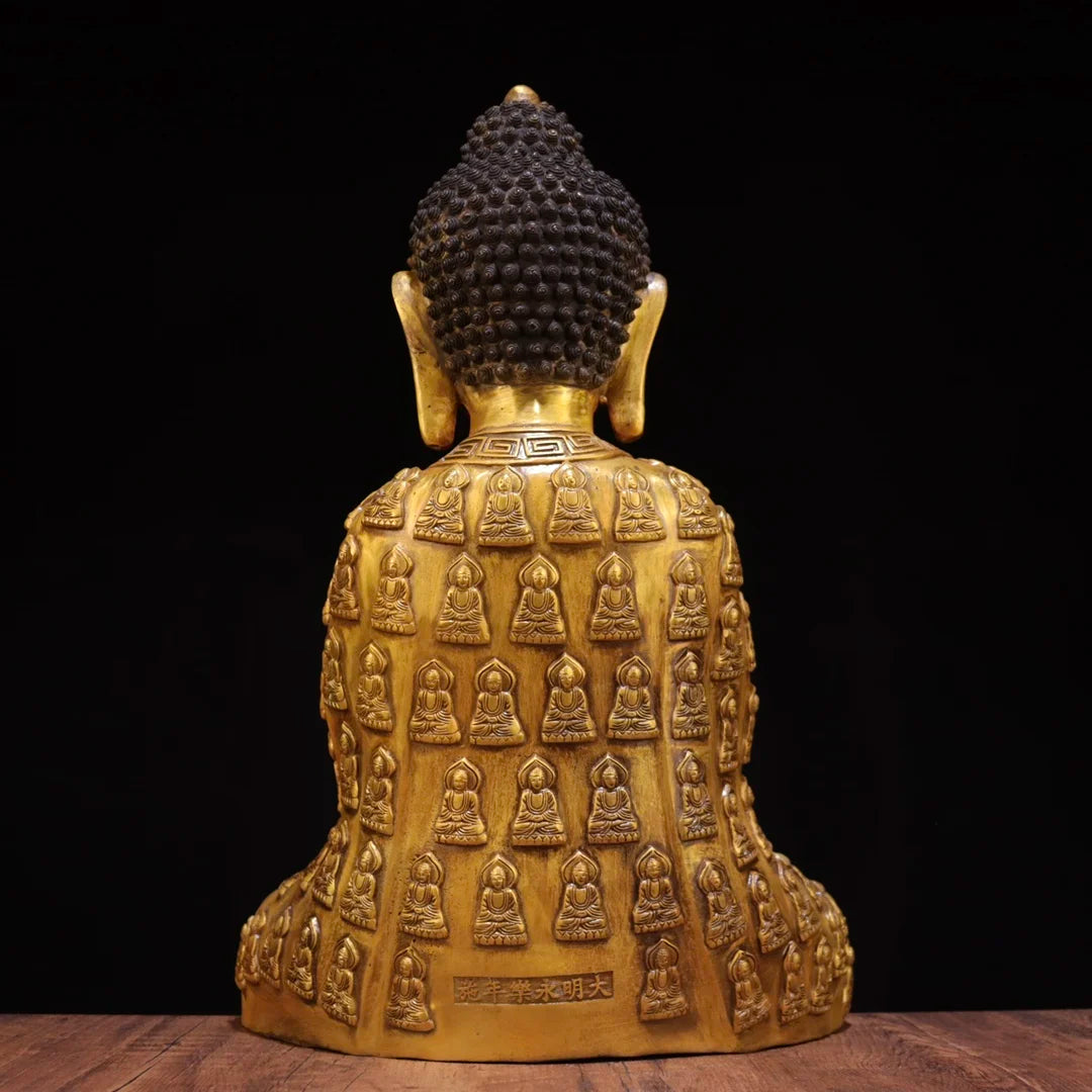 17"Tibetan Temple Collection Old Bronze Gilded Cinnabar Amitabha Buddha Ten Thousand Buddhas Tattood Sitting Buddha Worship Hall