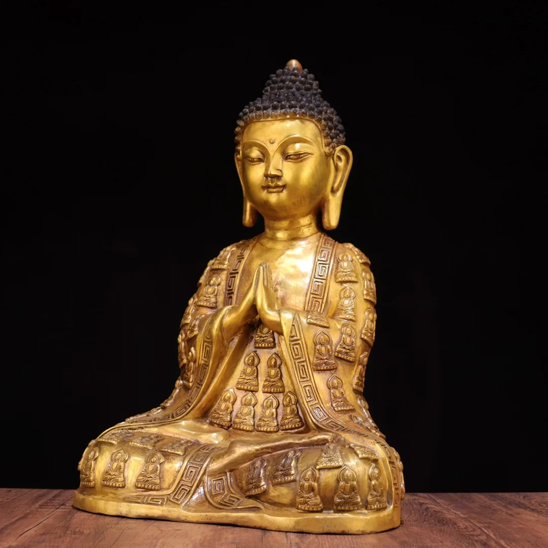 17"Tibetan Temple Collection Old Bronze Gilded Cinnabar Amitabha Buddha Ten Thousand Buddhas Tattood Sitting Buddha Worship Hall