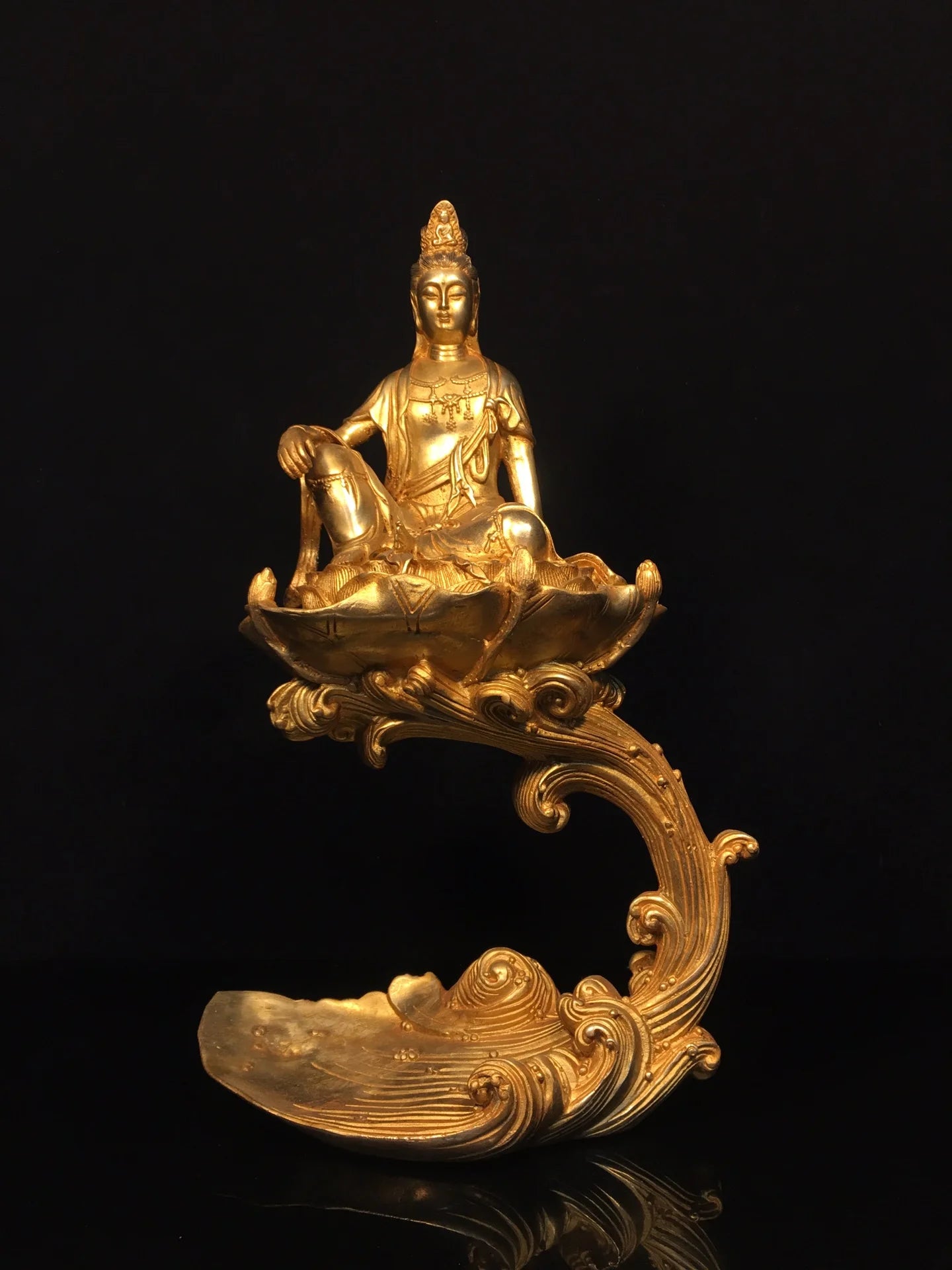 17"Tibetan Temple Collection Old Bronze Gilded Cinnabar Sea Wave Lotus Buddha Platform Guanyin Bodhisattva Sitting Buddha