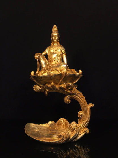 17"Tibetan Temple Collection Old Bronze Gilded Cinnabar Sea Wave Lotus Buddha Platform Guanyin Bodhisattva Sitting Buddha