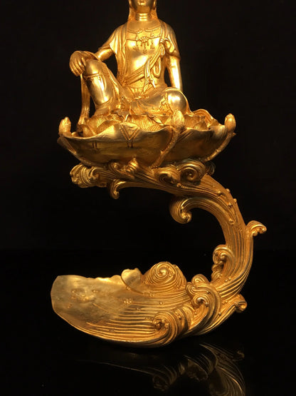 17"Tibetan Temple Collection Old Bronze Gilded Cinnabar Sea Wave Lotus Buddha Platform Guanyin Bodhisattva Sitting Buddha